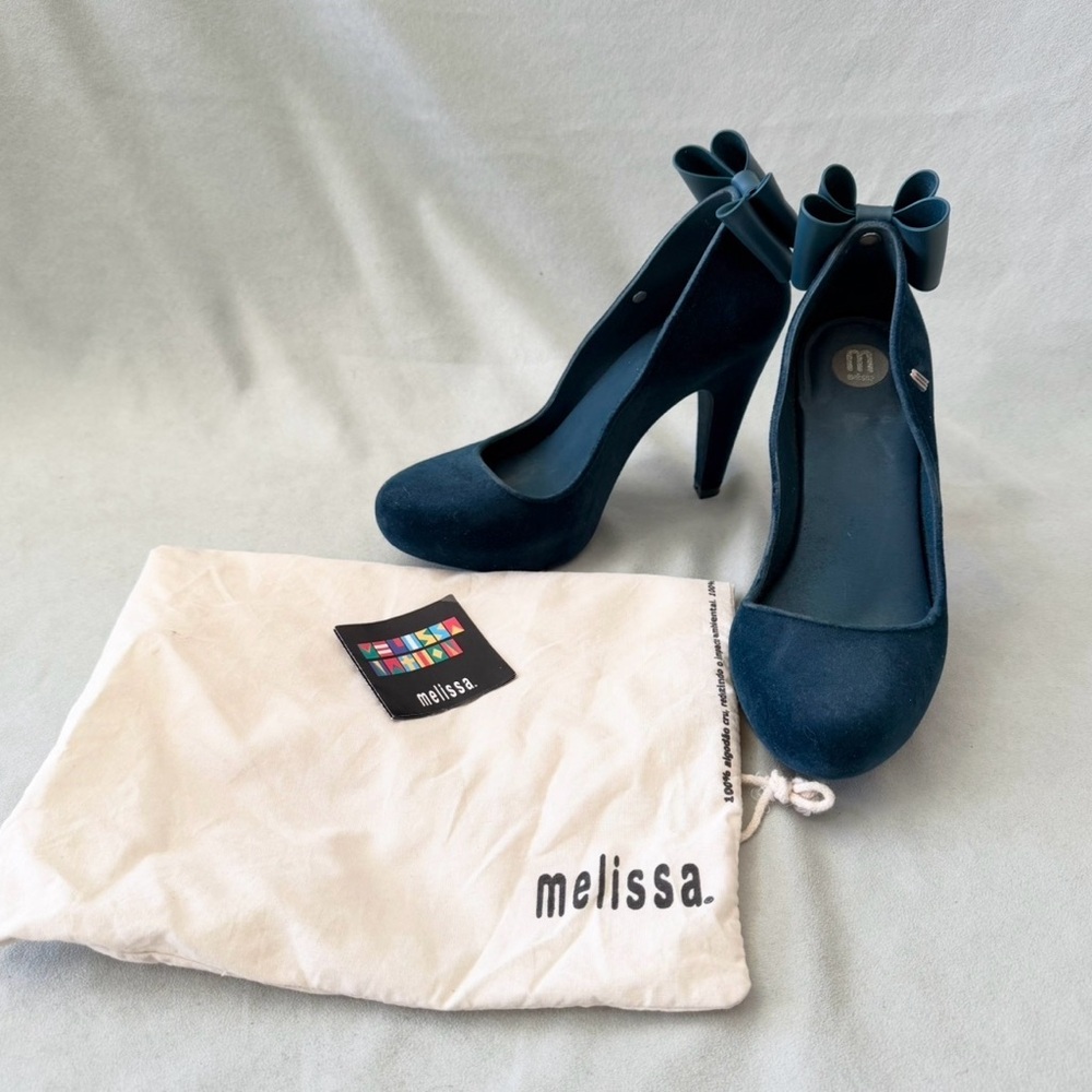 MELISSA INCENSE LACO BLUE TEAL FLOCKED VELVET HEELS WITH BOW WITH DUST BAG SZ 7